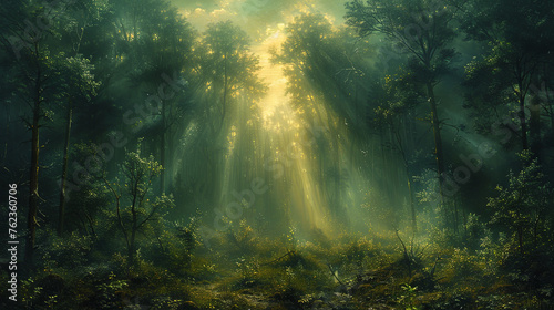 an oil painting reminiscent of the deep, dark forests by Caspar David Friedrich, portraying towering trees and misty undergrowth, with a somber color temperature of muted browns and greens, faces