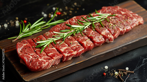 fresh raw steak meat on wooden board with rosemary and spice.