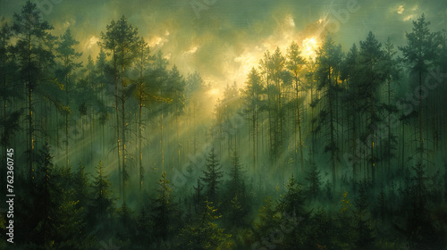 an oil painting reminiscent of the deep, dark forests by Caspar David Friedrich, portraying towering trees and misty undergrowth, with a somber color temperature of muted browns and greens, faces