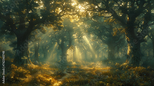 an oil painting reminiscent of the deep, dark forests by Caspar David Friedrich, portraying towering trees and misty undergrowth, with a somber color temperature of muted browns and greens, faces © Ruslan