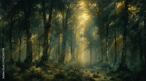 an oil painting reminiscent of the deep, dark forests by Caspar David Friedrich, portraying towering trees and misty undergrowth, with a somber color temperature of muted browns and greens, faces photo