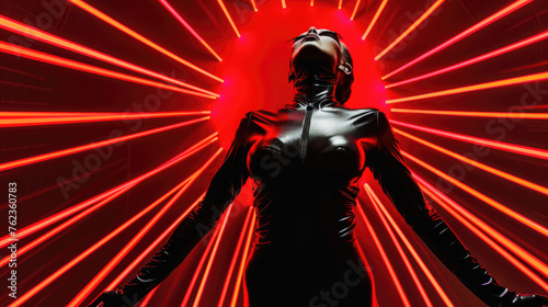 Woman in a beautiful latex suit on a black and red background