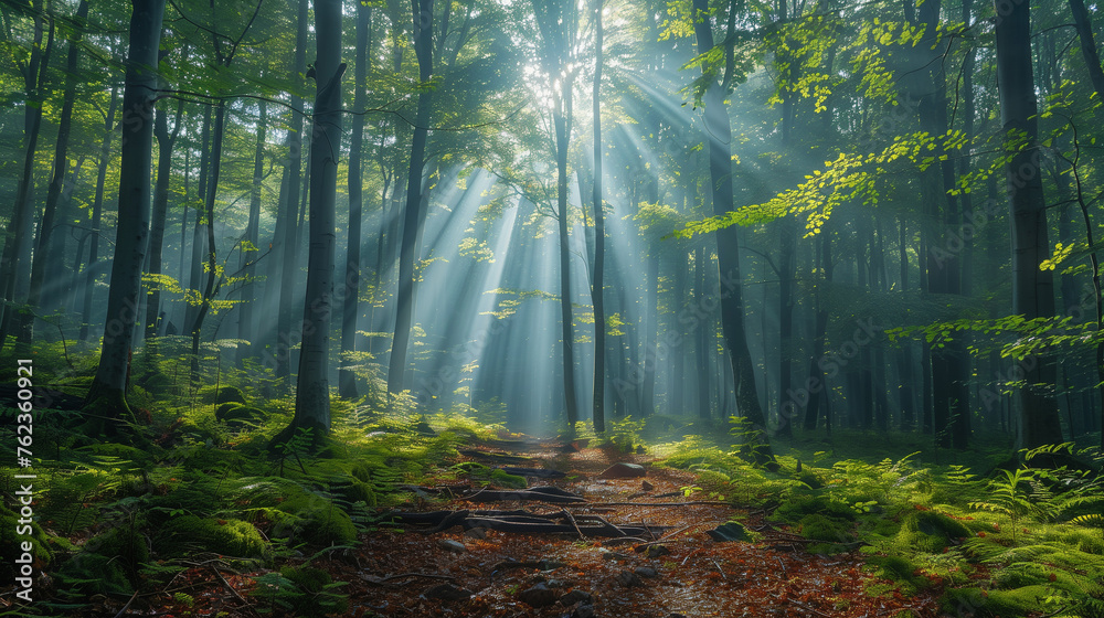 Fototapeta premium forest - fresh leaves and sun rays.