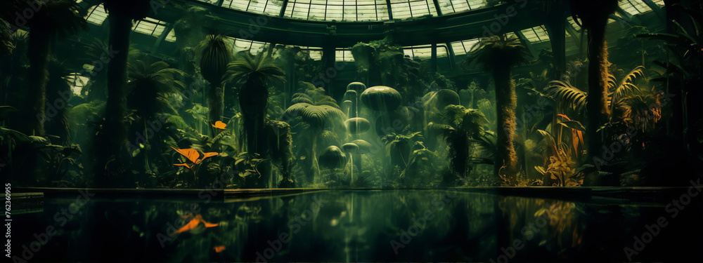 Surrealism painting of a botanical garden with overgrown plants and a reflective pool. - obrazy, fototapety, plakaty 
