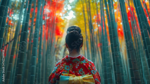 Asian woman wearing japanese traditional kimono at Bamboo Forest photo