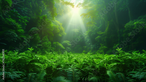 Deep tropical jungles of Southeast Asia  green trees tunnel extra wide background banner.