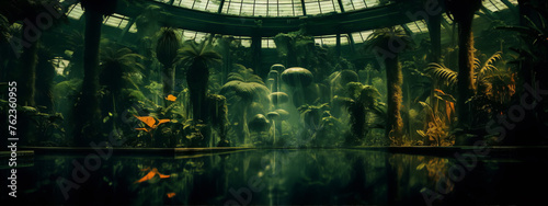 Surrealism painting of a botanical garden with overgrown plants and a reflective pool.