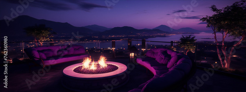 3D rendering of a luxury rooftop terrace with a fire pit, purple sofas, and a view of a lake and mountains at night.
