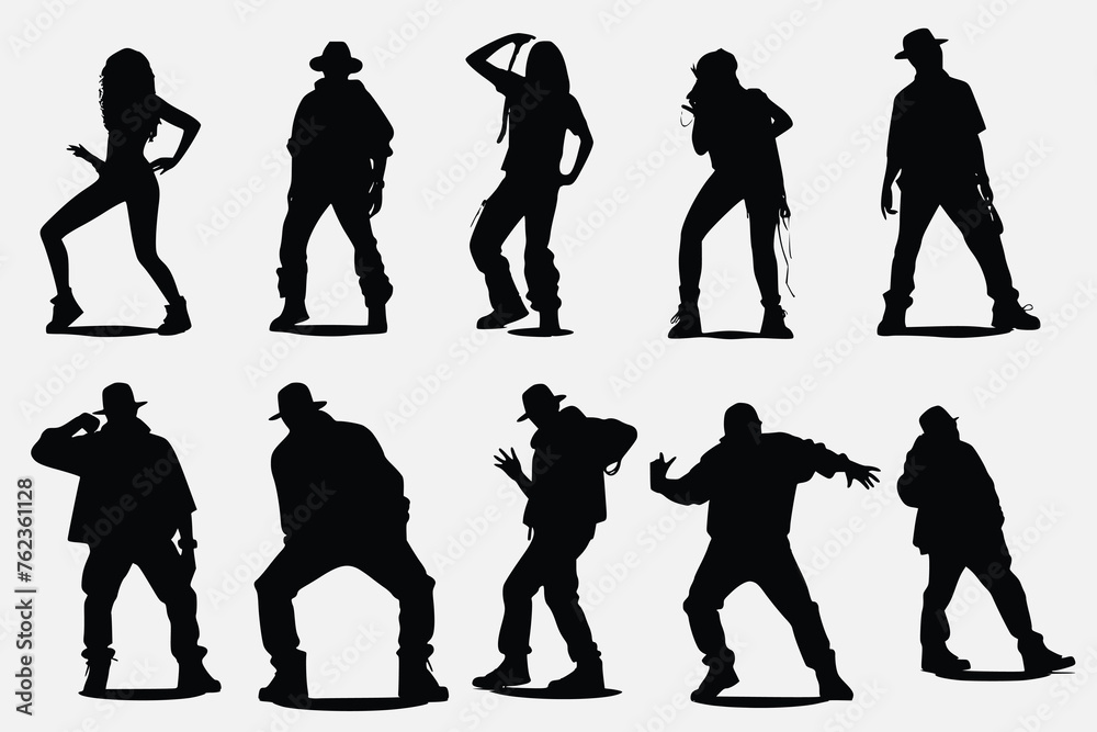 Black Vector silhouette of men and women, a group of danching people, jumping people, black color isolated on white background Black Vector silhouette of men and women, a group of danching people, jumping people, black color isolated on white background