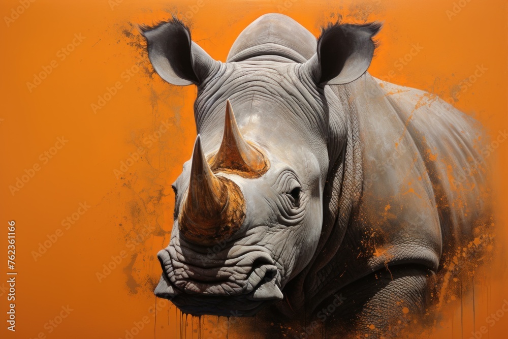 Eye-catching Rhino animal with bright orange color. Wild African animal with one horn in dark illumination. Generate ai
