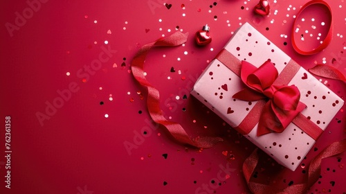 Gift box with red bow on red background. Concept of Valentine's day, wedding, birthday, New Year, Christmas