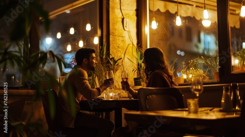 loving couple sitting at table in restaurant cafe 