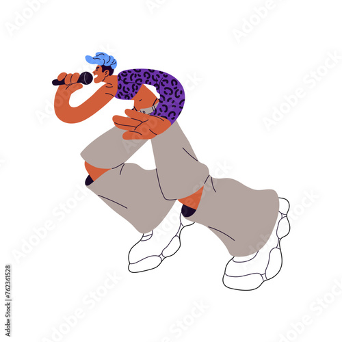 Talented musician performs with vocal show on stage. Professional singer sings with microphone on concert. Music artist performance with rap song. Flat isolated vector illustration on white background
