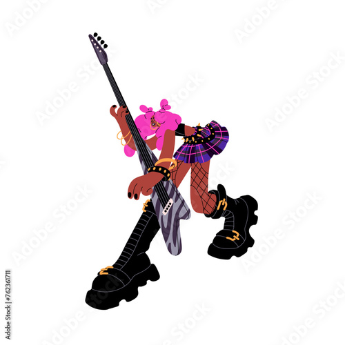 Professional guitarist performs on concert. Talented musician shows on stage. Rock artist plays electric guitar. Rocker with music performance. Flat isolated vector illustration on white background