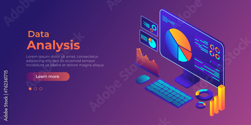 Isometric concept of data analysis. Digital financial reporting, seo, marketing. Landing page template. Business management, development. Isometric computer with graph, chart and statistic photo