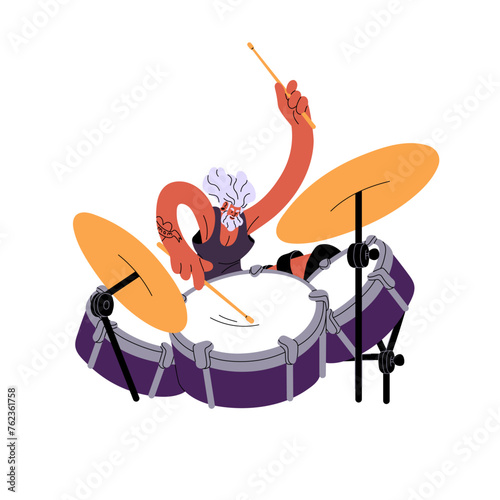 Old grey drummer performs on concert. Professional rock artist beats drum kit with drumsticks. Talented musician shows on stage. Rocker plays on music show. Flat isolated vector illustration on white