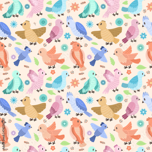 Seamless pattern with colorful birds, flowers and leaves on a colored background. Cute birds modern flat design