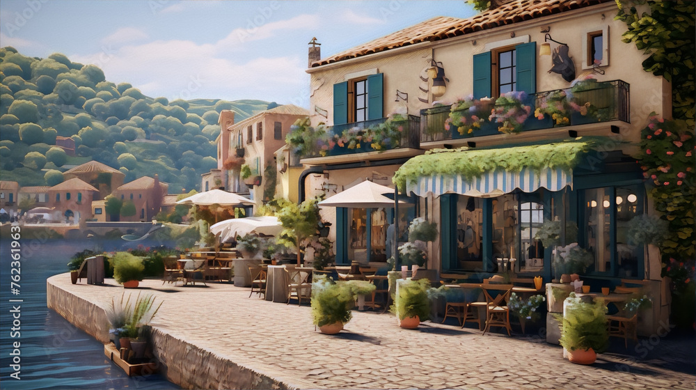 Naklejka premium A beautiful Mediterranean coastal village with colorful buildings, lush greenery, and a sparkling blue sea.