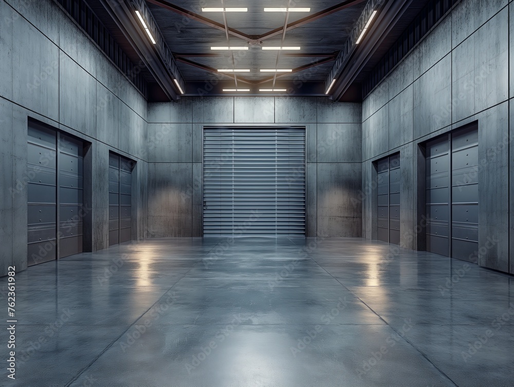 Spacious and empty industrial warehouse interior with polished concrete floors, large rolling shutter door, and metal lockers.