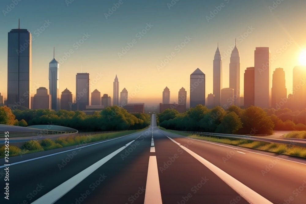 City empty modern street with sunset illustration Generative AI