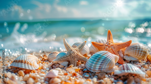 Starfish and assorted seashells on the shore with sparkling ocean water in the background.