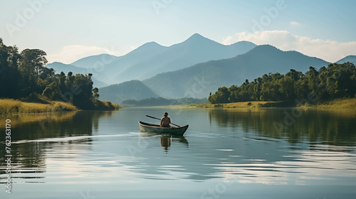 People are sitting in a fishing boat on a lake with a beautiful view in the background.