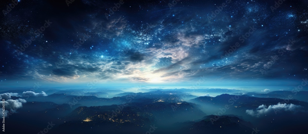 A stunning natural landscape at night, with a sky full of stars and majestic mountains in the foreground. Cumulus clouds drift across the horizon, adding to the peaceful atmosphere of the scene