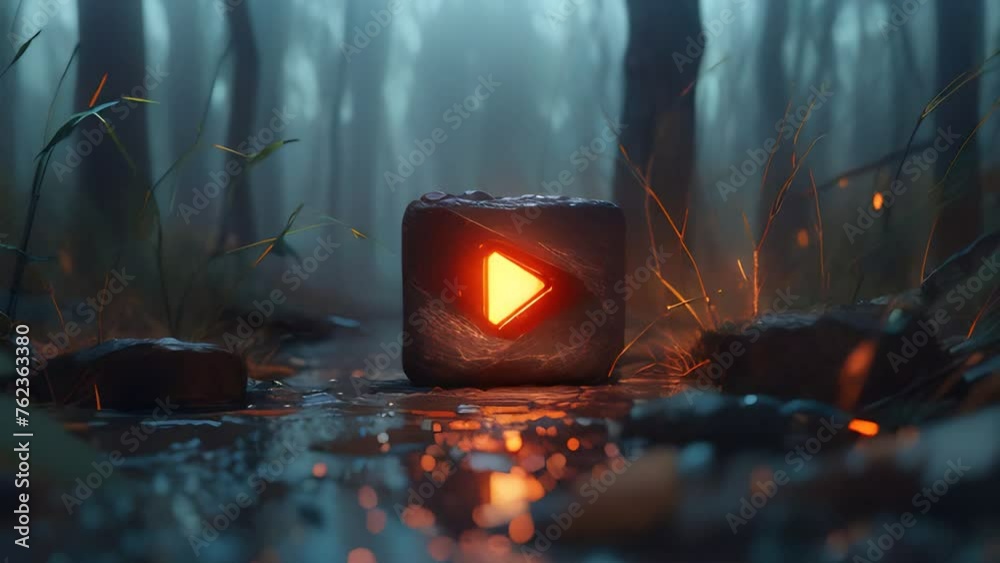 Youtube intro video red and blue play button prologue introduction glowing object in the middle of a forest, in the style of masterpiece, cinematic