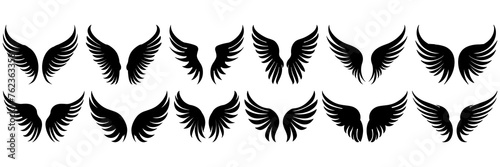 Angel wings silhouettes set, large pack of vector silhouette design, isolated white background