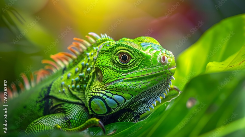 Beautiful green iguana closeup head on leaf Beautiful green iguana closeup head on leaf