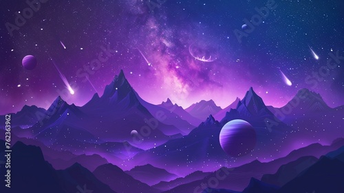 Purple space landscape with planets and starry sky  meteors and mountains