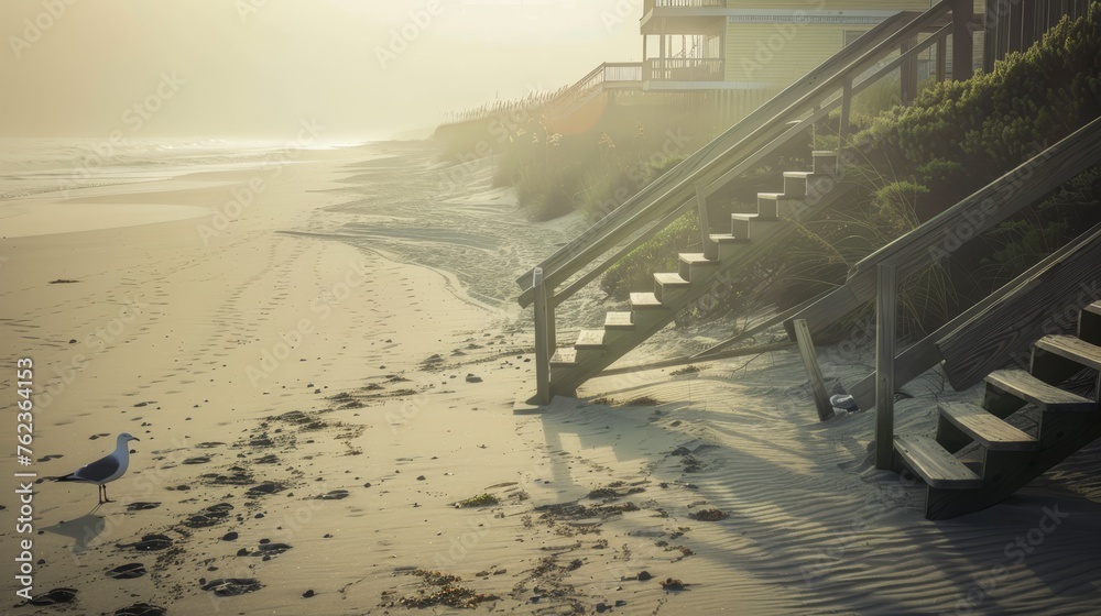 Obraz premium Seaside Cabin at Twilight with Seagull
