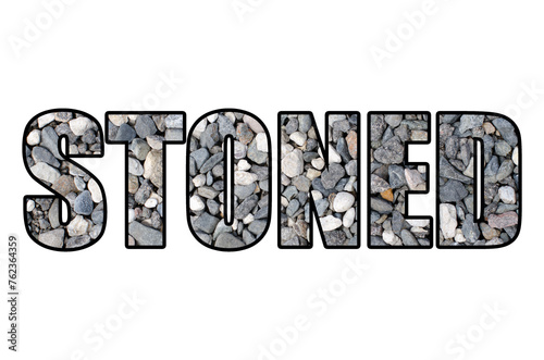 PNG file of the word stoned made from a background of gravel and stones