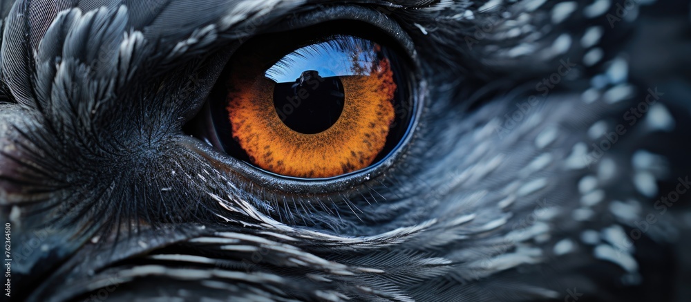 Fototapeta premium A closeup of a birds eye reveals bright orange eyelashes and electric blue iris. The intricate details showcase the beauty of wildlife science and the mysterious darkness within the eye