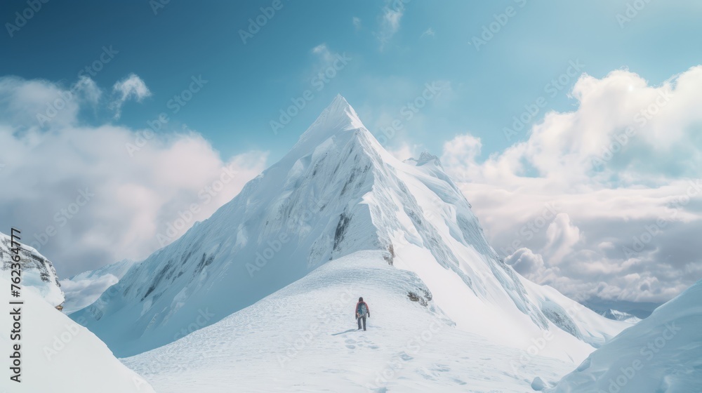 A person is climbing the snowy mountain against blue sky background

