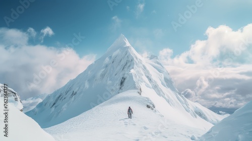 A person is climbing the snowy mountain against blue sky background 