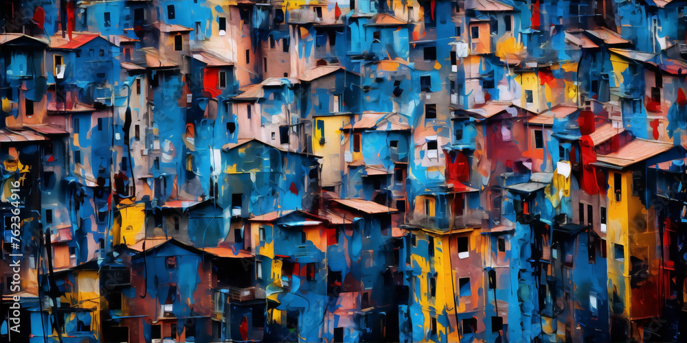 Abstract painting of colorful buildings with blue and yellow accents.