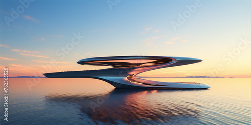 Futuristic architecture on water at sunset in blue and orange colors 3D rendering. photo