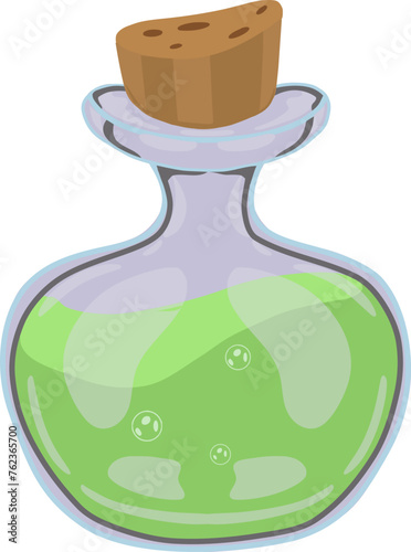 Vector glass bottle with magic potion in green color