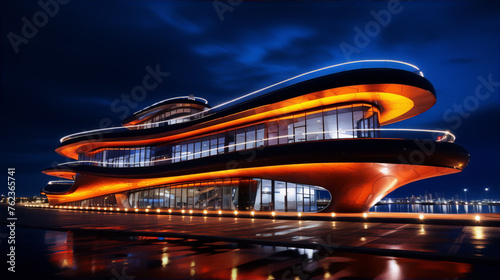 Futuristic architecture with orange glowing elements against a dark blue night sky