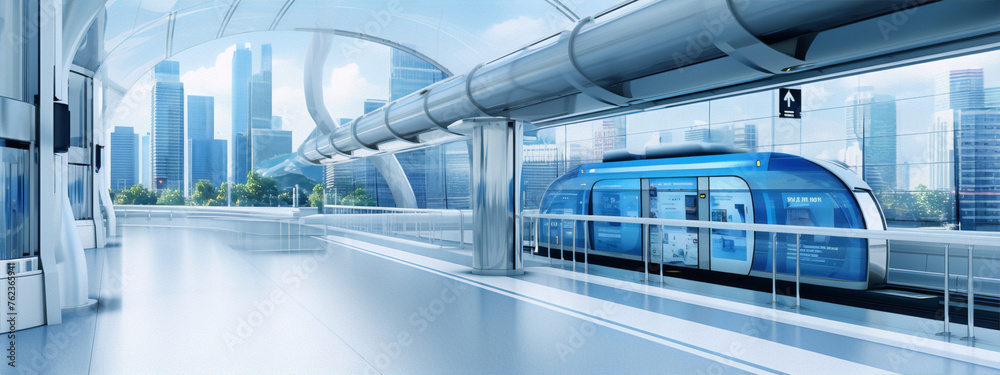 Naklejka premium The image is a 3D rendering of a futuristic city with a glass and steel skytrain station.