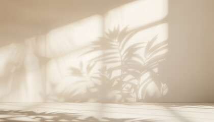 Minimalistic beige abstract background with plant shadows on concrete wall. Modern mockup backdrop in neutral colors for presentation.