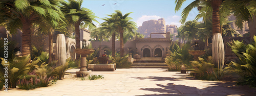 Palm trees, buildings, and a fountain in a desert setting with a blue sky and two birds flying in the background.