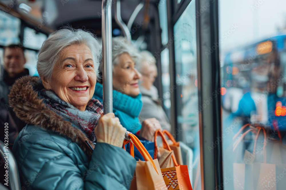 A woman with a scarf around her neck smiles while standing on a bus.