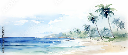 A watercolor depiction of a tropical beach with lush palm trees and a clear blue sea, under a sky with soft clouds. Copy space for text or advertising 