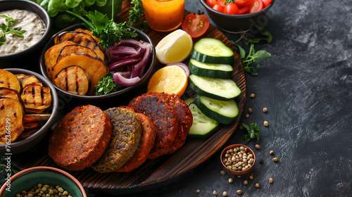 Wallpaper Mural Variety of plant based burger patty made from vegetarian meat with grilled zucchini, organic healthy food Torontodigital.ca