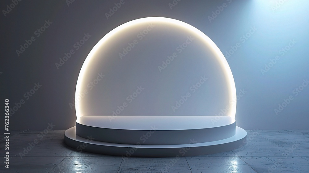 Abstract shine silver cylinder pedestal podium. Sci-fi white empty room concept with semi circle glowing neon lighting Abstract shine silver cylinder pedestal podium. Sci-fi white empty room concept with semi circle glowing neon lighting
