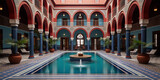 arabic courtyard with blue and red accents and a pool