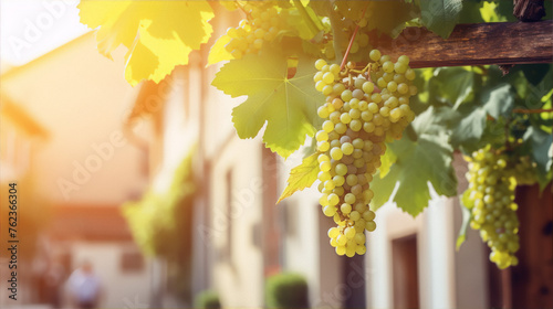 Grapes hanging from a vine in a sunny vineyard with a blurred background in the warm colors of summer