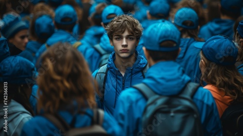 group of people, young man looks directly to camera against a blue crowd photo